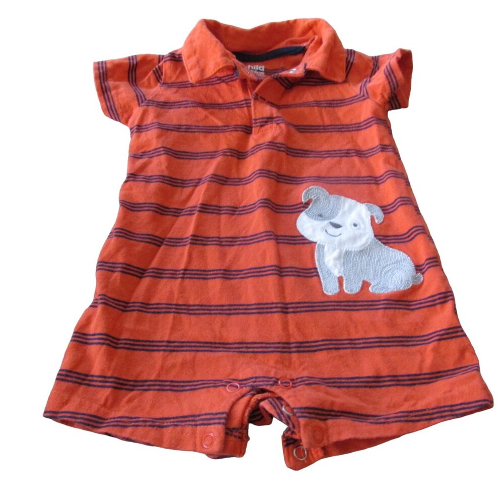 Carters Child of Mine Polo Romper Boys 3-6M Orange Stripe Short Sleeve Puppy Dog